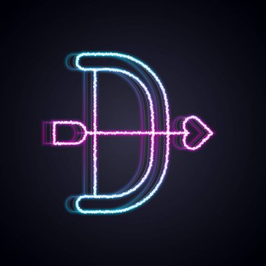 Parlayan neon çizgisi ok ve yay simgesi siyah arkaplanda izole edildi. Aşk tanrısı sembolü. Aşk işareti. Sevgililer günün kutlu olsun. Vektör.