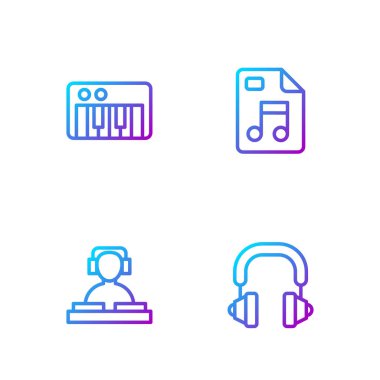 Set hattı kulaklıkları, müzik çalan DJ, müzik sentezleyicisi ve MP3 dosya dökümanı. Renk simgeleri. Vektör.