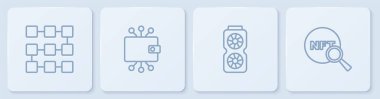Hat NFT engelleme teknolojisi Video grafik kartı Kripto para birimi cüzdanı ve Arama. Beyaz kare düğme. Vektör.