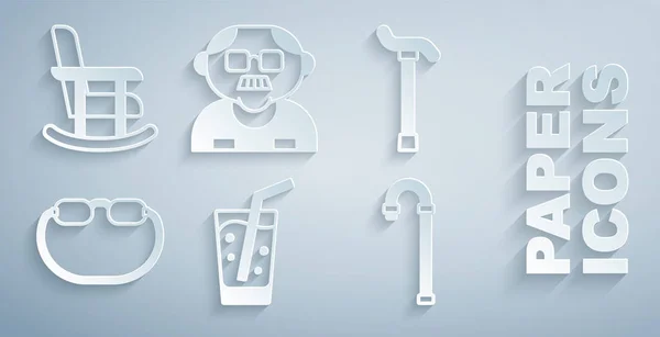 Set Glas Mit Wasser Gehstock Brille Großvater Und Schaukelstuhl Ikone — Stockvektor