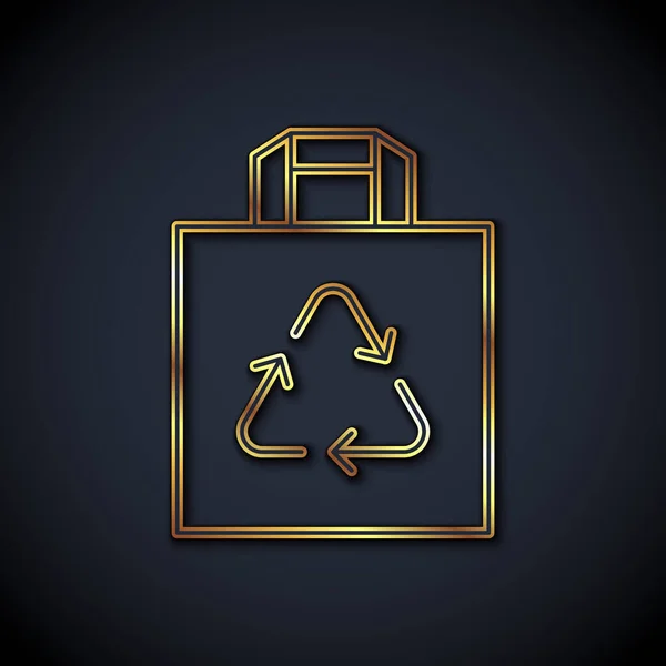 Gouden Lijn Papieren Boodschappentas Met Recycle Icoon Geïsoleerd Zwarte Achtergrond — Stockvector
