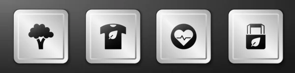 Set Brokkoli Veganes Hemd Herzfrequenz Und Einkaufstasche Mit Recycling Symbol — Stockvektor