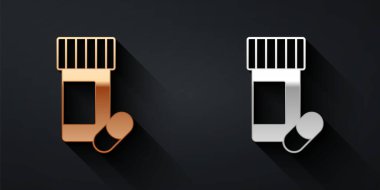 Altın ve gümüş ilaç şişesi ve siyah arka planda izole edilmiş hap ikonu. Şişe hapı işareti. Eczane tasarımı. Uzun gölge tarzı. Vektör.