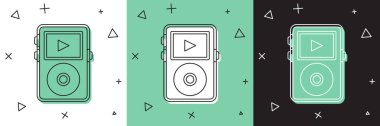 Müzik çalar simgesini beyaz ve yeşil, siyah arkaplanda izole et. Taşınabilir müzik cihazı. Vektör.