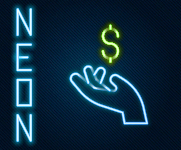 Žhnoucí Neonová Čára Ruka Drží Mince Peníze Ikona Izolované Černém — Stockový vektor