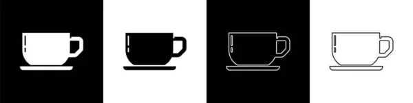黒と白の背景にコーヒーカップのアイコンをセットします ティーカップ ホットドリンクコーヒー ベクトル — ストックベクタ