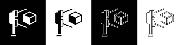 Set Scanner Mit Würfel Projektionssymbol Isoliert Auf Schwarz Weißem Hintergrund — Stockvektor