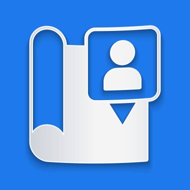 Kağıt kesiği haritası mavi arkaplanda izole edilmiş konum imleci simgesi ile. Kağıt sanatı tarzı. Vektör