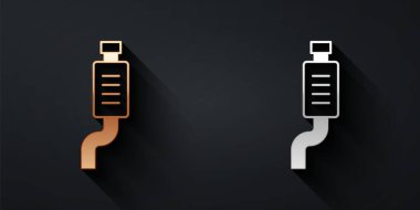 Gold and silver Car muffler icon isolated on black background. Exhaust pipe. Long shadow style. Vector