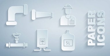 Gaz kazanını yanan bir ateş, tesisatçı, sanayi borusu ve vanası, büyük bir şişe temiz su, metalik ve ikon ile ayarla. Vektör