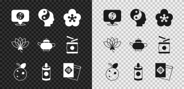 Yin Yang sembolü, nilüfer çiçeği, şeftali meyvesi veya nektarin, havai fişek, Çin Yeni Yılı ve çay töreni ikonu. Vektör