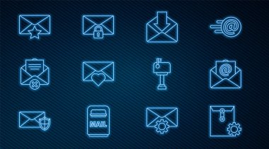 Satır Zarf ayarı, posta ve e-posta, Valentine kalbi, zarf, yıldız, kutu ve mesaj kilidi parola simgesi sil. Vektör