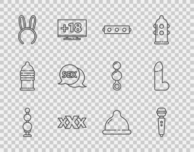 Set line Anal beads, Dildo vibrator, Silicone ball gag with belt, Sex shop, Mask long bunny ears, Speech bubble, Condom and  icon. Vector