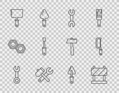 Halat anahtarı, yol bariyeri, çekiç ve ingiliz anahtarı, macun bıçağı, tornavida, Trowel ve Hacksaw ikonu. Vektör