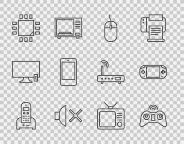 Hat Telefon, Kablosuz oyun sahası, Bilgisayar faresi, Hoparlör, İşlemci, İşlemci, Akıllı telefon, cep telefonu, Retro TV ve Taşınabilir Video konsolu simgesi. Vektör