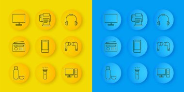 USB flash diski, antenli radyo, akıllı telefon, cep telefonu, bilgisayar monitörü, hava kulaklığı, ekran, kulaklık ve yazıcı simgesi. Vektör