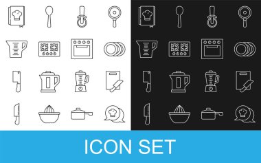 Şef şapkası konuşma balonunda, bıçak ve tahtayı kesme, tabak, pizza, gaz ocağı, ölçü kabı, yemek kitabı ve fırın ikonu. Vektör