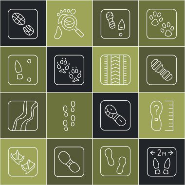 Hat güvenli mesafe, ayak ölçüsü ölçüsü ölçüsü, insan ayak izi ayakkabıları, tilki pençesi ve lastik izi ikonu. Vektör