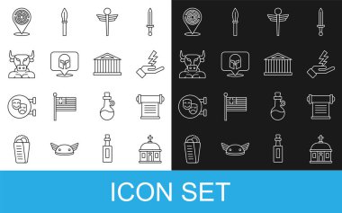 Santorini binası, kararname, parşömen, parşömen, parşömen, Zeus, Caduceus yılan tıbbı, Yunan miğferi, Minotaur, labirent ve Parthenon ikonu. Vektör