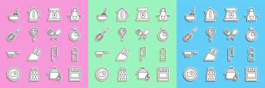 Oven, Pepper, Stopwatch, Scales, kızartma tavasında kızarmış yumurta, mutfak çırpıcısı, kase ve çapraz çatal ve kaşık ikonu. Vektör