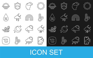Meteoroloji termometresi, baş ağrısı, fırtına, su damlası yüzdesi, gündoğumu ve gökkuşağı ikonu. Vektör
