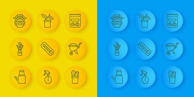 Sulama kabı, çiçek şişesi, Meteoroloji termometresi, kaktüs peyote tenceresi, toprak, vazo, bitki ve bitki ikonu dolu paket. Vektör