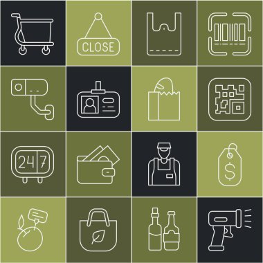 Tarayıcıyı barkod taraması için ayarla dolar, QR, kağıt alışveriş torbası, kimlik kartı, güvenlik kamerası, alışveriş arabası ve ekmek somun ikonu ile fiyat etiketi. Vektör