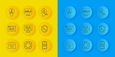 Telefon hattını 24 saat destekle, Soru ve Cevap, Bilgi, Kulaklık ve Konuşma baloncuğu yardım simgesi olan adam. Vektör