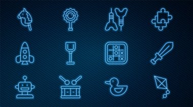 Çizgili Kite, Kılıç oyuncağı, Dart oku, Kürek, Roket gemisi, Oyuncak at, Tic tac toe oyunu ve Çıngıraklı Bebek ikonu. Vektör