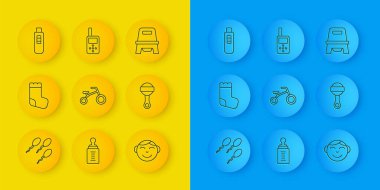 Sperm, bebek çorapları, çocuklar için bisiklet, küçük çocuk kafası, bebek oyuncağı, hamilelik testi, lazımlık testi ve telsiz ikonu. Vektör