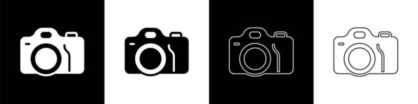 Установите иконку фотокамеры на черно-белом фоне. Фотокамера. Цифровая фотография. Вектор