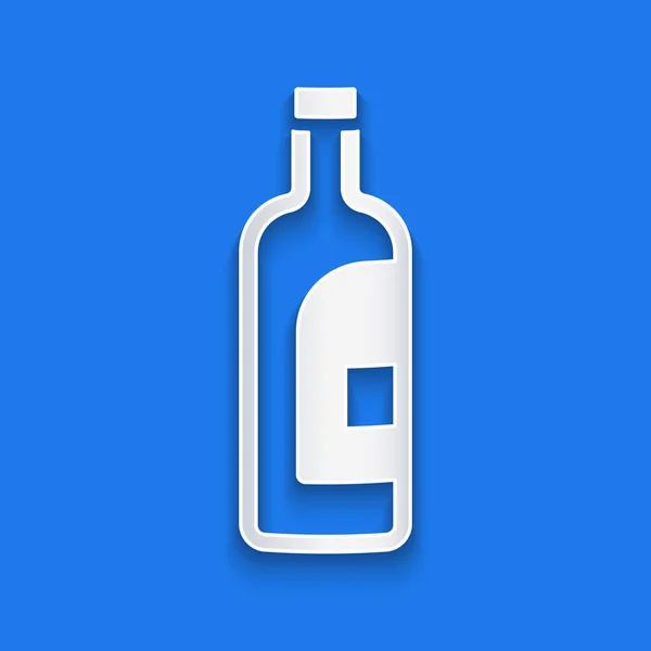 Papier Découpé Bouteille Icône Vin Isolée Sur Fond Bleu Style — Image vectorielle