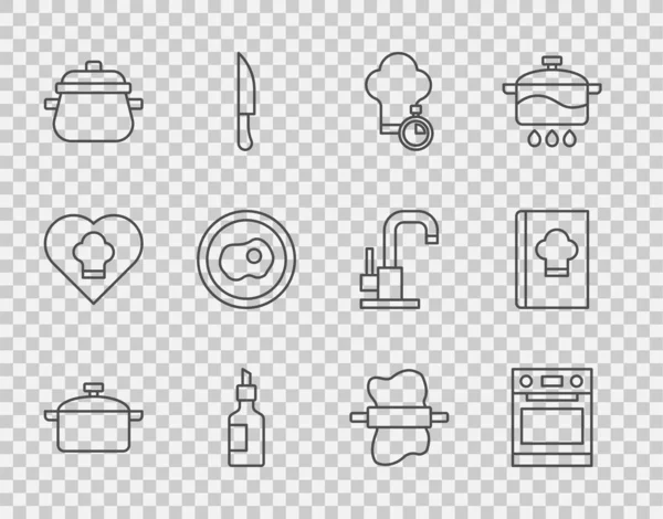 集烹饪锅 厨师帽 橄榄油瓶 炒鸡蛋 面团滚针和烹调书图标为一体 — 图库矢量图片