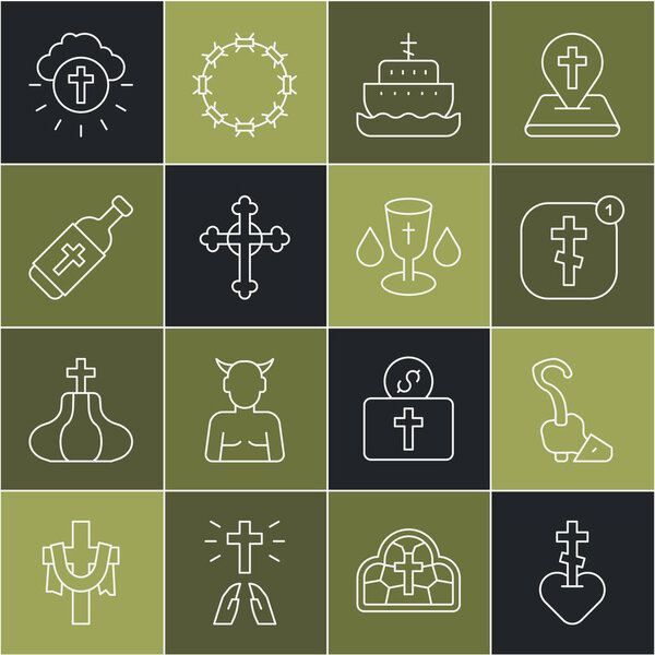 Установить линию Религиозный крест в сердце, волшебный посох, онлайн пастор проповедование церкви, ковчег Ной, христианин, Святая бутылка воды, круг и чаша икона. Вектор