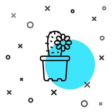 Siyah çizgi kaktüs kaktüs kaktüsü beyaz arka planda izole edilmiş tencere simgesi. Tencerede yetişen bir bitki. Saksı bitkisi işareti. Rastgele dinamik şekiller. Vektör.