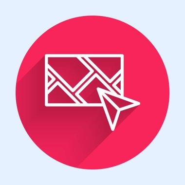 Şehir haritası yön bulma simgesinin uzun gölgesi ile izole edilmiş beyaz çizgi bilgileri. Mobil Uygulama Arayüzü tasarımı. Coğrafi konsept. Kırmızı daire düğmesi. Vektör.