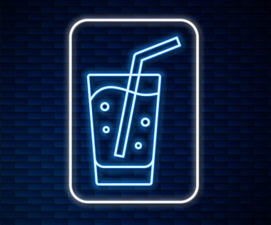 Duvarda izole edilmiş su ikonu olan parlak neon çizgili cam. Soda bardağı. Vektör.