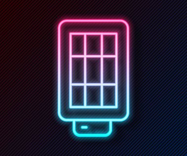 Softbox simgesinde parlayan neon hattı Stüdyo ampulü siyah arkaplanda izole edildi. Gölge yansıma tasarımı. Vektör.