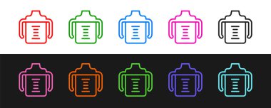 Bebek şişesi simgesi siyah beyaz arka planda izole edildi. Beslenme şişesi simgesi. Süt şişesi tabelası. Vektör