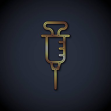 Altın renkli şırınga ikonu siyah arkaplanda izole edildi. Aşı için şırınga, aşı, iğne, grip aşısı. Tıbbi ekipman. Vektör