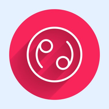 Beyaz çizgi Kanser burcu simgesi uzun gölge arkaplan izole. Astrolojik yıldız falı koleksiyonu. Kırmızı daire düğmesi. Vektör
