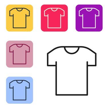 Beyaz arkaplanda siyah çizgi tişört simgesi izole edildi. Renkli kare düğmelerle simgeleri ayarla. Vektör