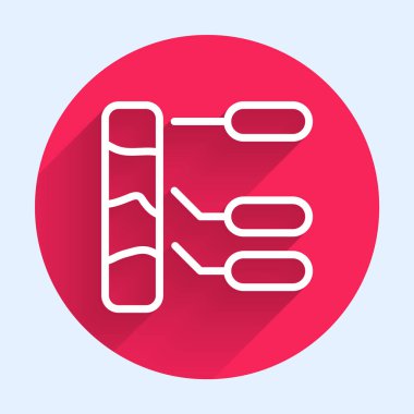 Beyaz çizgi tarımsal toprak testi ve uzun gölge arkaplan izole edilmiş sonuç simgesi. Dijital toprak analizi. Kırmızı daire düğmesi. Vektör