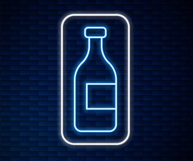 Parlayan neon hattı şarap ikonu tuğla duvar arkasında izole edilmiş. Vektör