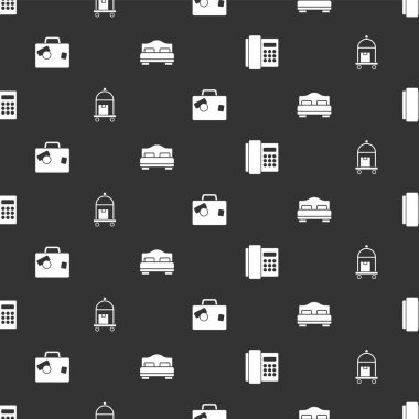 Telefon ahizesi, bavul ve otel odası yatağını kusursuz düzende ayarla. Vektör