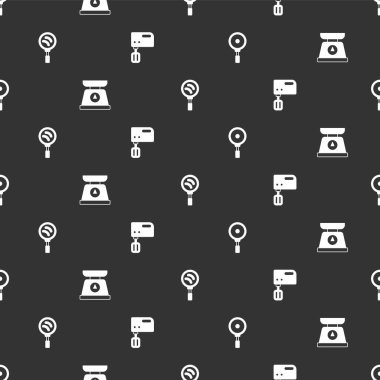 Kızartma tavası, pullar ve elektirik karıştırıcıyı kusursuz desene ayarlayın. Vektör