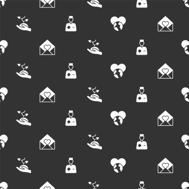 Kalp dünyasını ayarla - sevgi, Valentine ile zarf, gönüllü ekip ağaç dikiyor ve erkek doktor kusursuz bir düzen içinde. Vektör