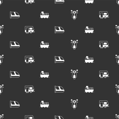 Scooter 'ı, karavan karavanını, tren ve tren yolunu ve kutuları kusursuz bir şekilde teslim eden kargo gemisini ayarlayın. Vektör