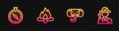 Fil, Pusula, Kamp Ateşi ve Avcı hattını ayarlayın. Parlayan neon ikonu. Vektör