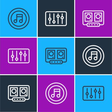 Set satırı Müzik notası, ton, DJ uzaktan kumanda ve karışık müzik ve Ses Karıştırıcı simgesi. Vektör